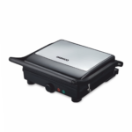Grill electric Daewoo DG2000X, 2000W, capac si maner din inox, indicatori luminosi, buton pornire/oprire, termostat reglabil, deschidere placi la 180°, Inox