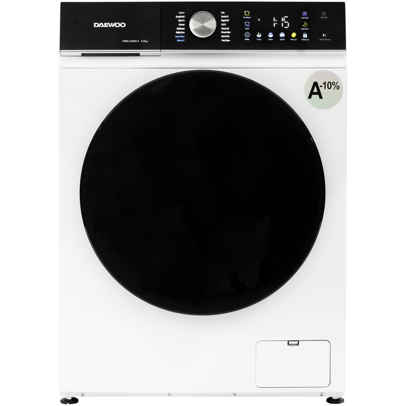 DWD-CS6100 (1) Masina de spalat rufe Daewoo DWD-CS6100,SLIM,motor Inverter,programe curatare intensa si igenizare cu abur ,ecran tactil cu iconite color,6 kg , 1400 rpm, clasa energetica A-10%,dimensiune (59.5 x 41 x 85 cm), culoare Alb - imagine 1