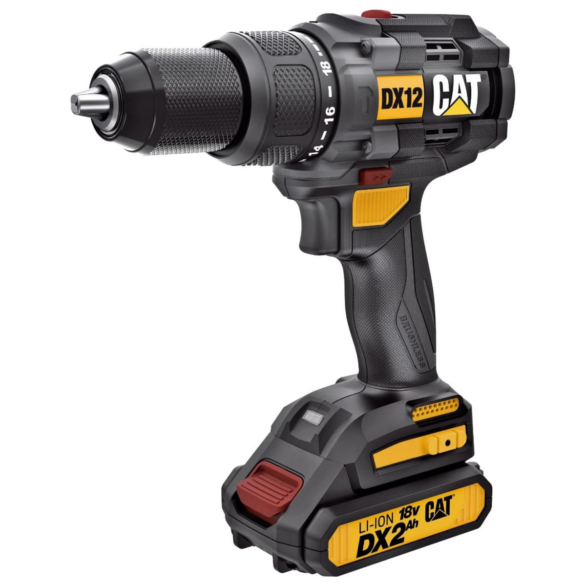 dx12_1200x1200.png Masina de gaurit cu percutie CAT DX12, 18V, motor Brushless, 65 Nm, mandrina metalica 13 mm, 2 acumulatori si incarcator - imagine 1